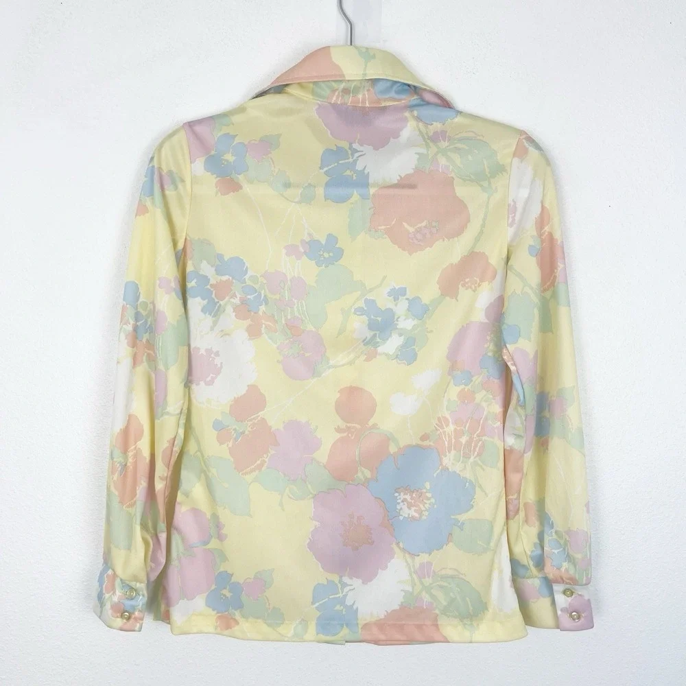Vintage Jack Winter 70s Floral Pastel Blouse Small Long Sleeve - Picture 4 of 8